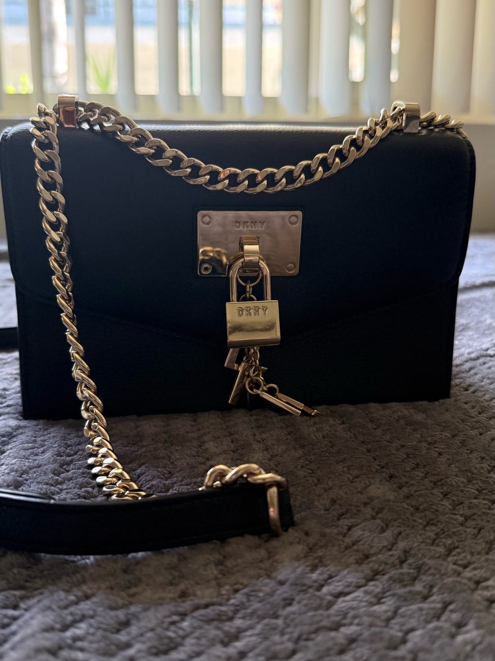 DKNY Black Leather Crossbody with Gold Chain and Padlock